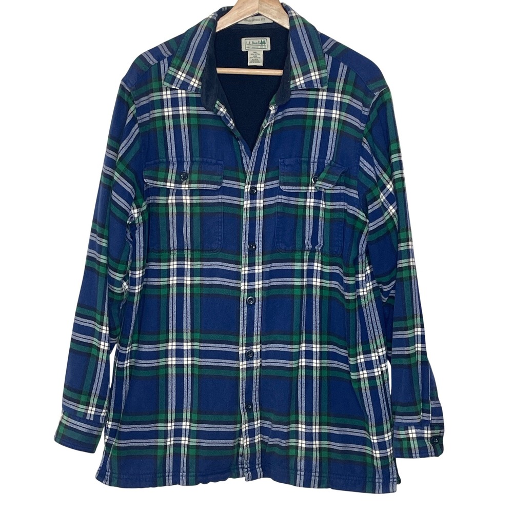 LL Bean Mens Fleece Lined Flannel Shirt Jacket Vintage Plaid M Reg 250393